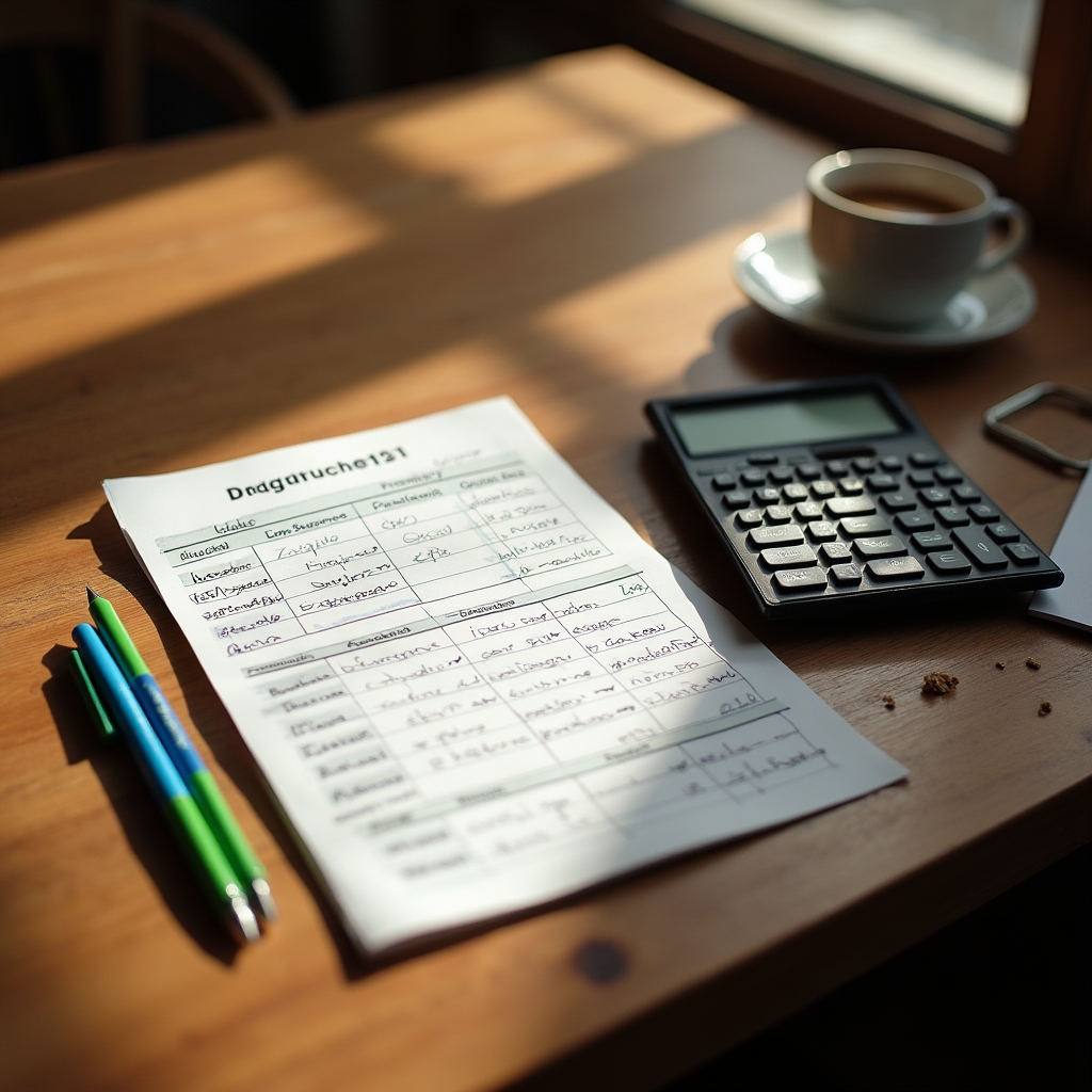 Family sitting at a table with notebooks and calculator planning monthly budget