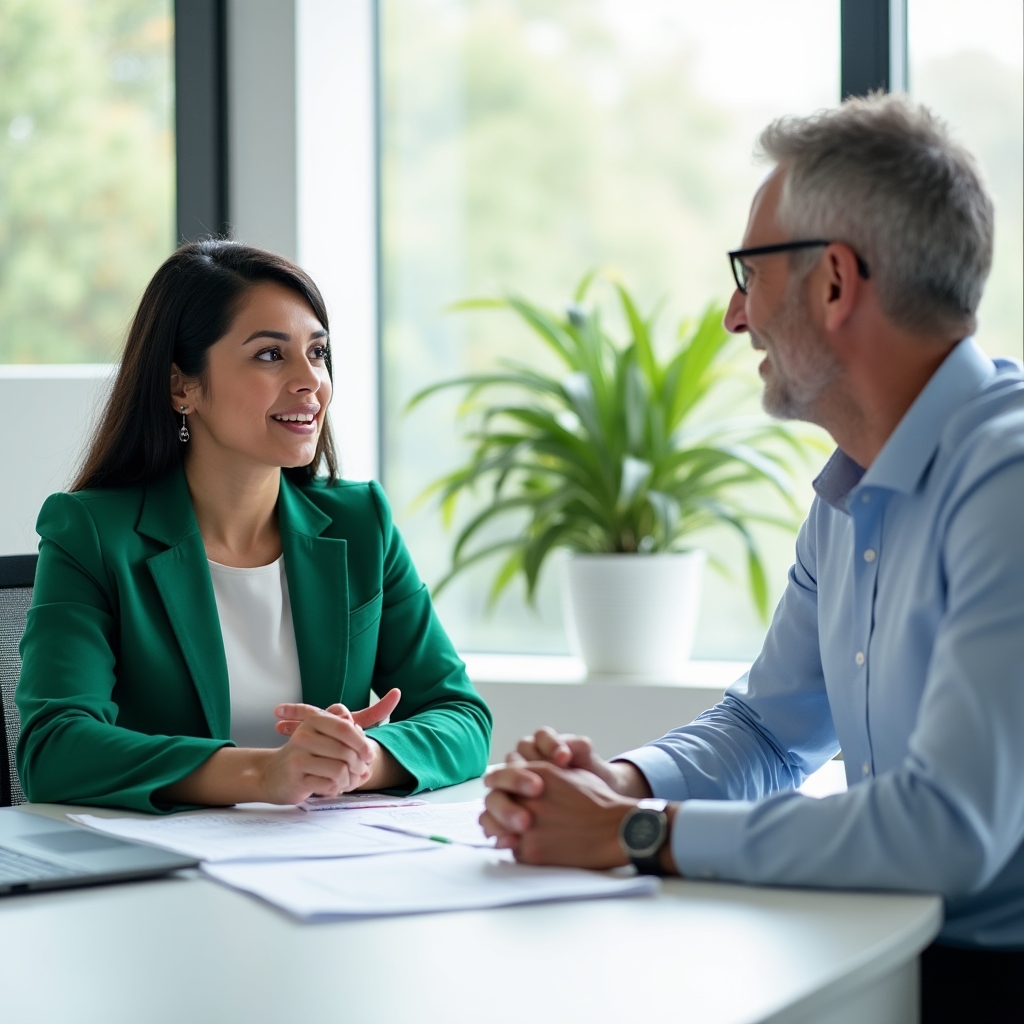 Two professionals sitting at a bright office table reviewing educational finance documents together