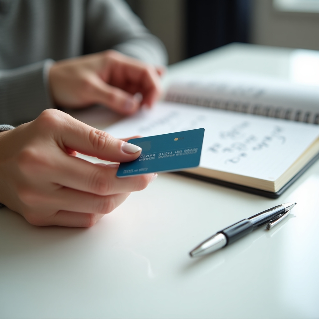 Close-up of hands holding a credit card next to a notebook with financial notes