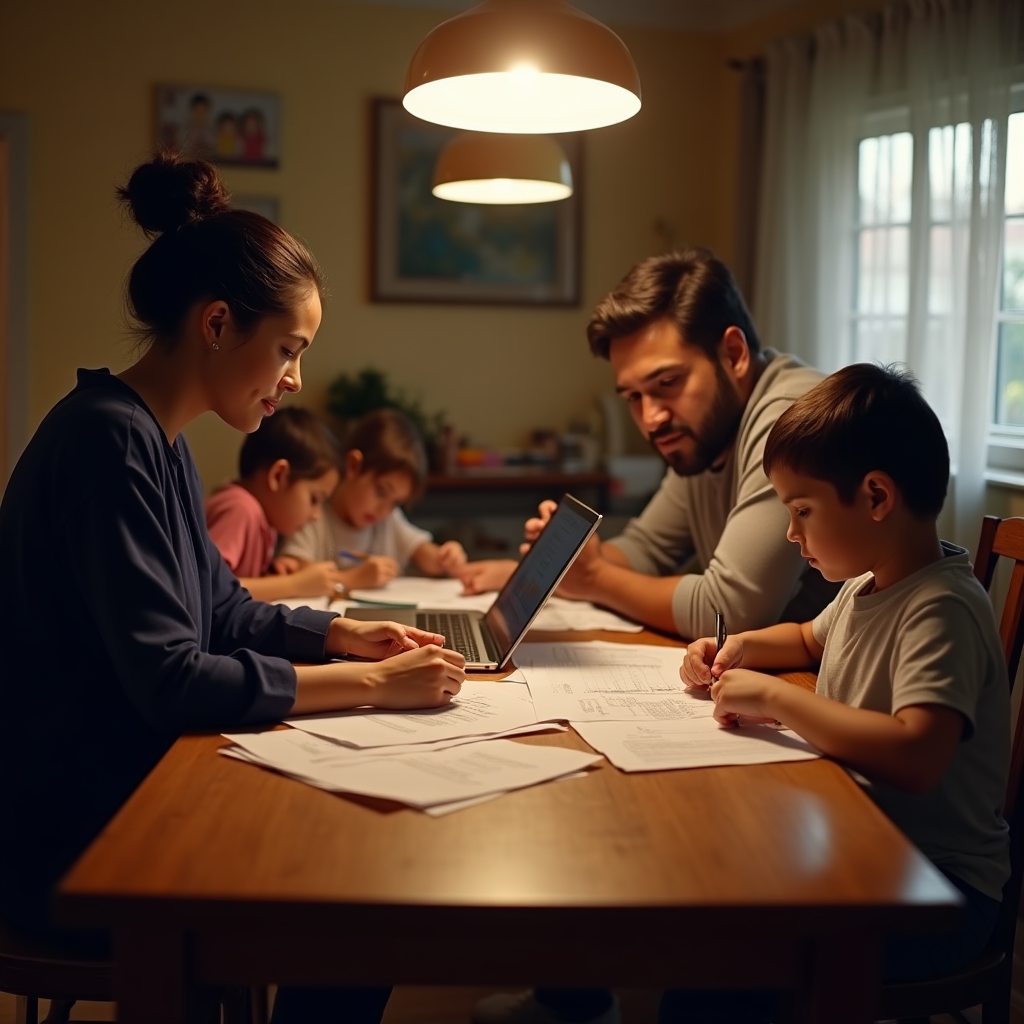 Mexican family reviewing their monthly budget at home