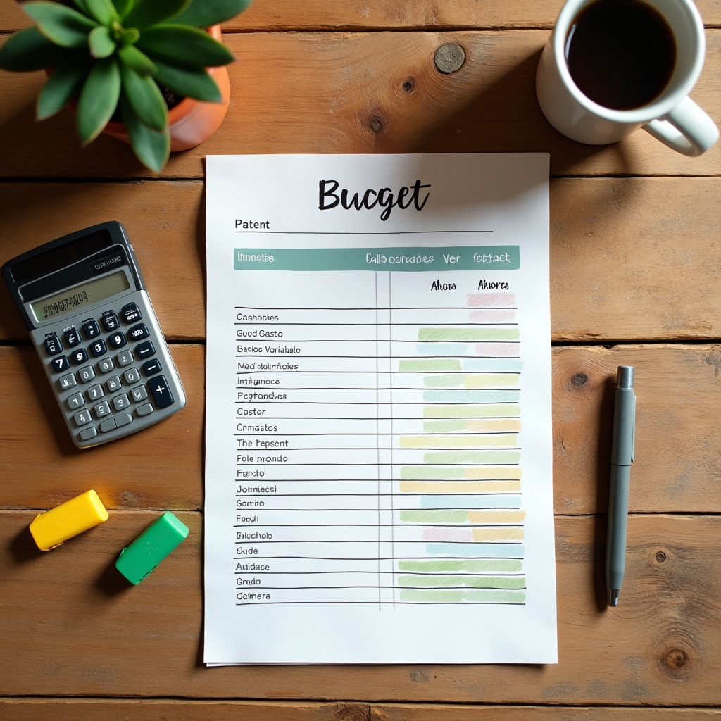 Overhead view of a hand-written budget worksheet on a wooden desk with colored pens and a calculator