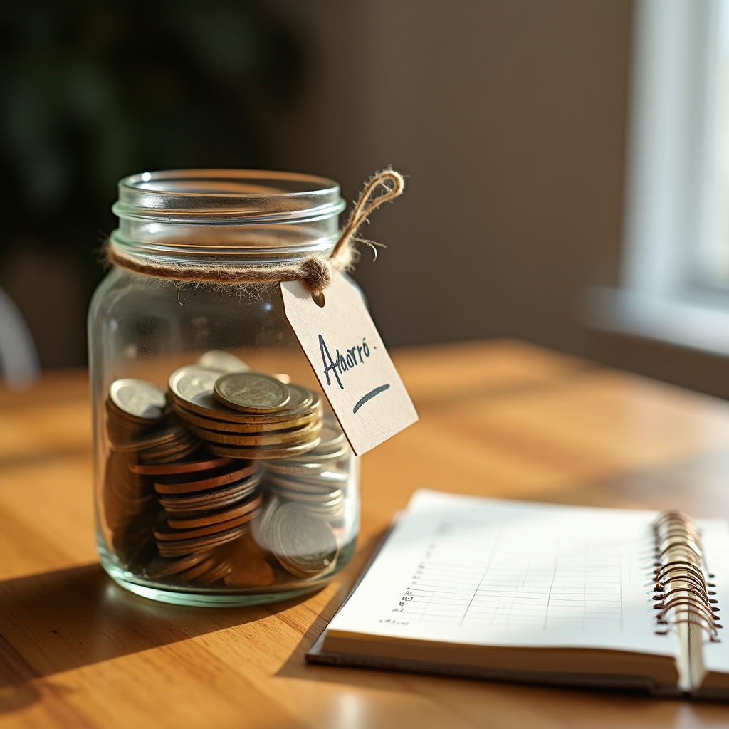 Glass jar filled with coins on a wooden table next to a small notebook with savings notes